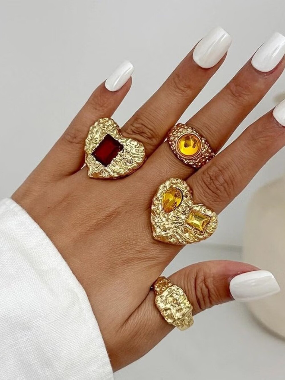 hunky Gold Heart Ring Set Hammered Textured Crystal Heart Stacked Ring